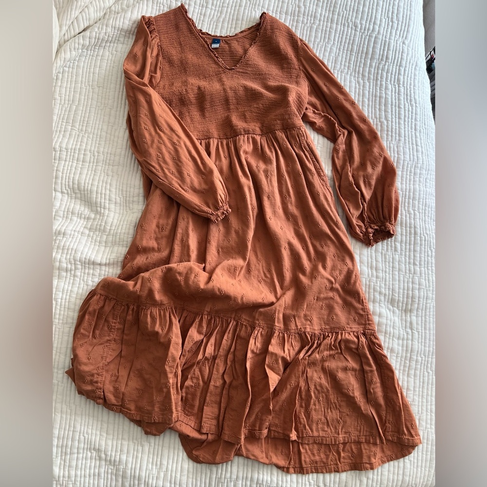 Rust Orange Long Sleeve Tiered Women's Dress